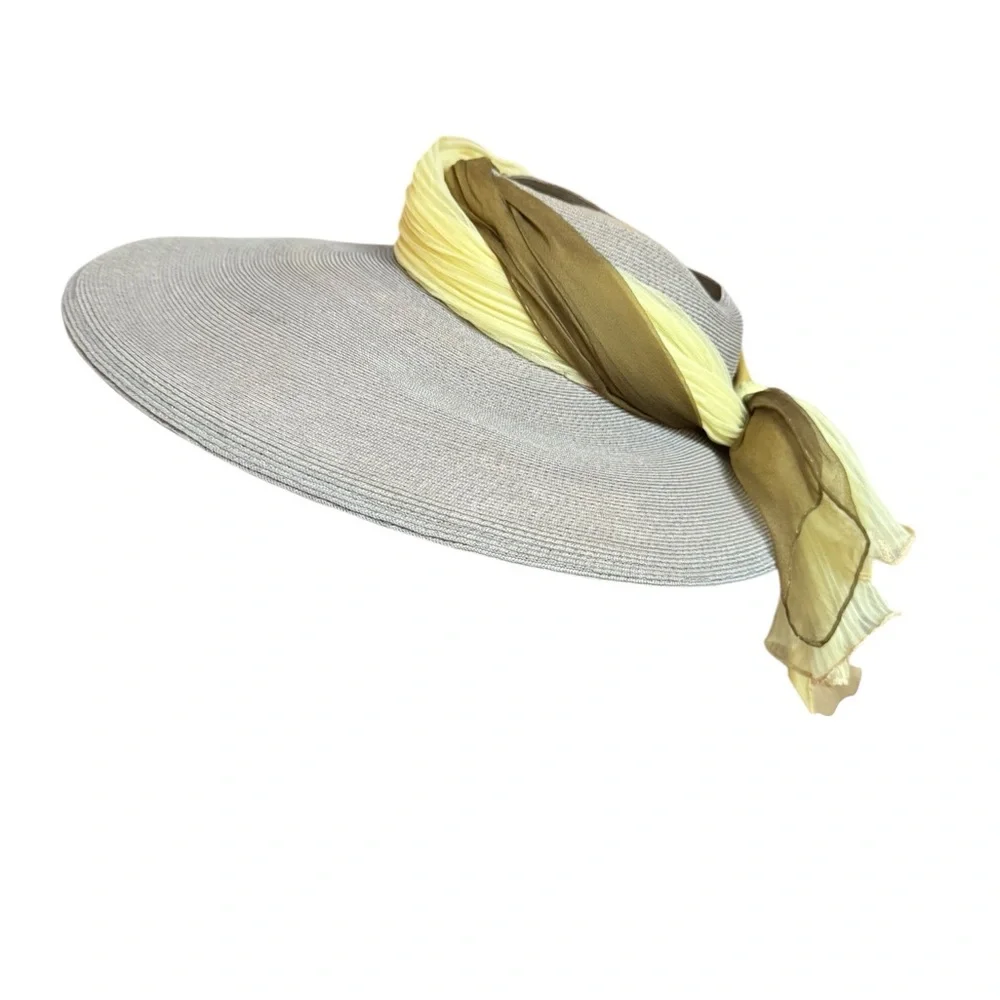 1950s L.S.‎ Ayres Open Crown Surrounded w/Green & Yellow Scarf Wide Brim Sun Hat - Picture 3 of 7